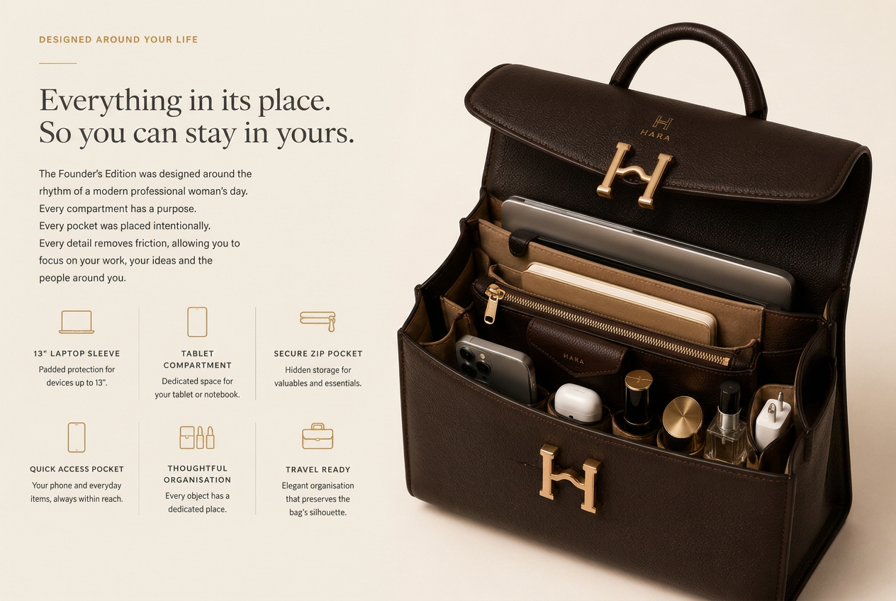 The Founder's Edition interior with organised laptop, tablet, phone and essentials